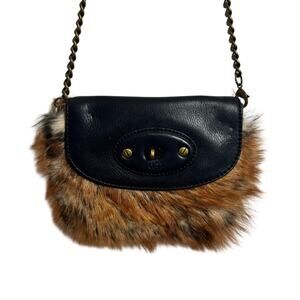 UGG Australia Black Leather SOFT Fur Gold Tone Chain Crossbody Bag Purse Boho